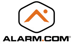 Alarm.com logo featuring an orange geometric symbol inside a hexagon above the text ALARM.COM in bold, black uppercase letters on a white background.